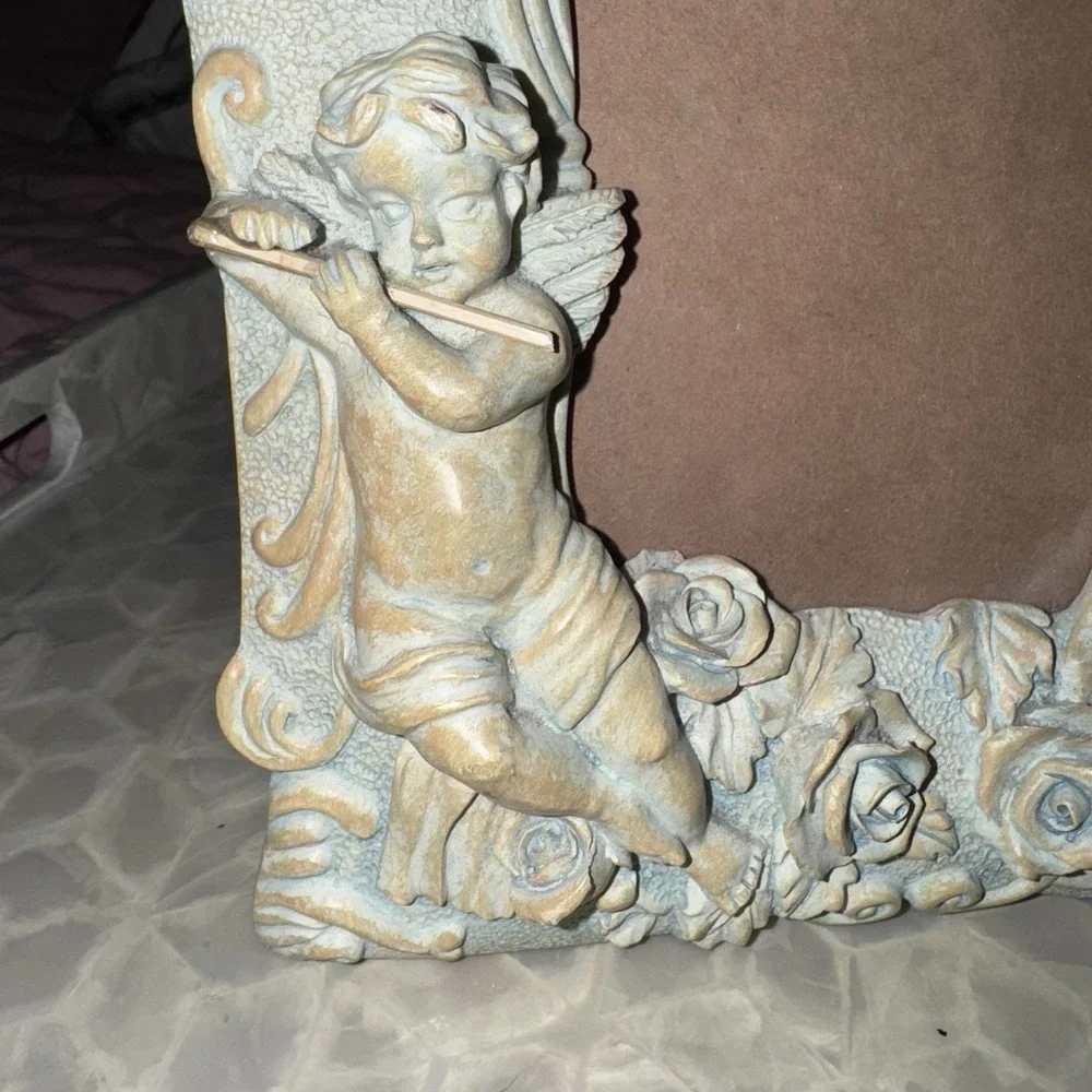 Vtg Ceramic Cherub Picture Frame Blue Gray Gold Tone Textured